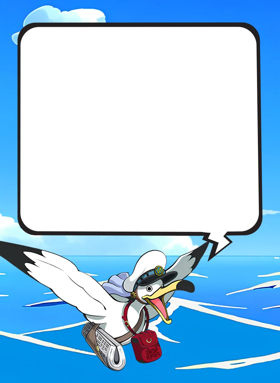 Mascotte Mia Manga, la mouette facteur, survolant l'océan avec un journal et un sac de livraison